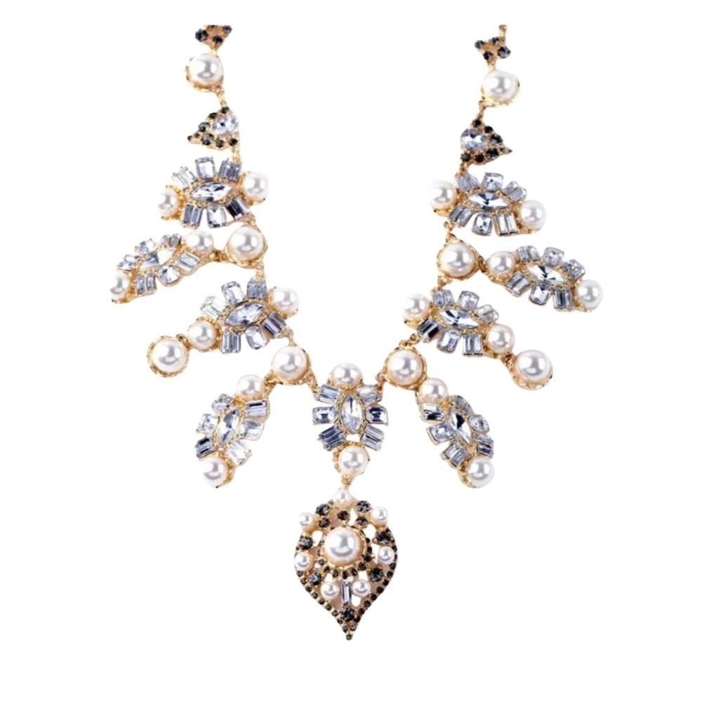 Statement Crystal & Pearl Drop Necklace – Gold Tone, Elegant Glam Design